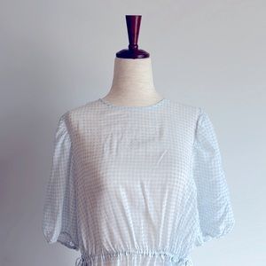 Levi’s sheer plaid / gingham white and blue midi babydoll dress.